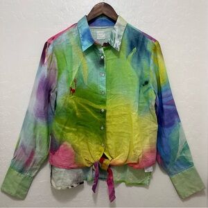 120% Lino Linen Top Sz M/44 Button Up Colorful Artsy Tie Front